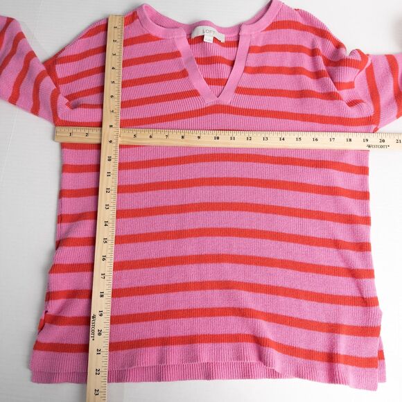 LOFT Stripe Textured Split Neck Sweater Womens Medium Pink Burst Cotton Preppy - Picture 4 of 16